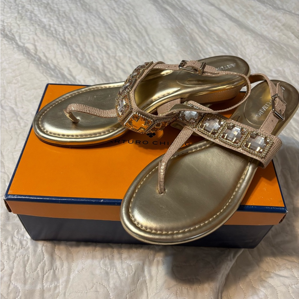 Arturo Chiang Gold Embellished beaded Thong Sandals - Gold